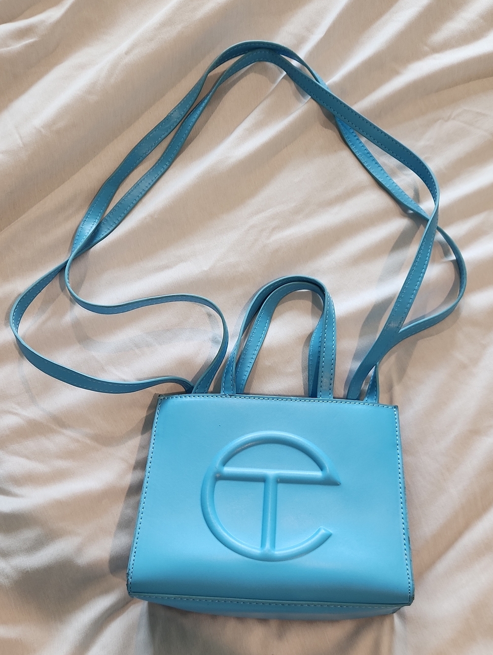 Blue Leather Crossbody Tote Bag with Embossed Logo